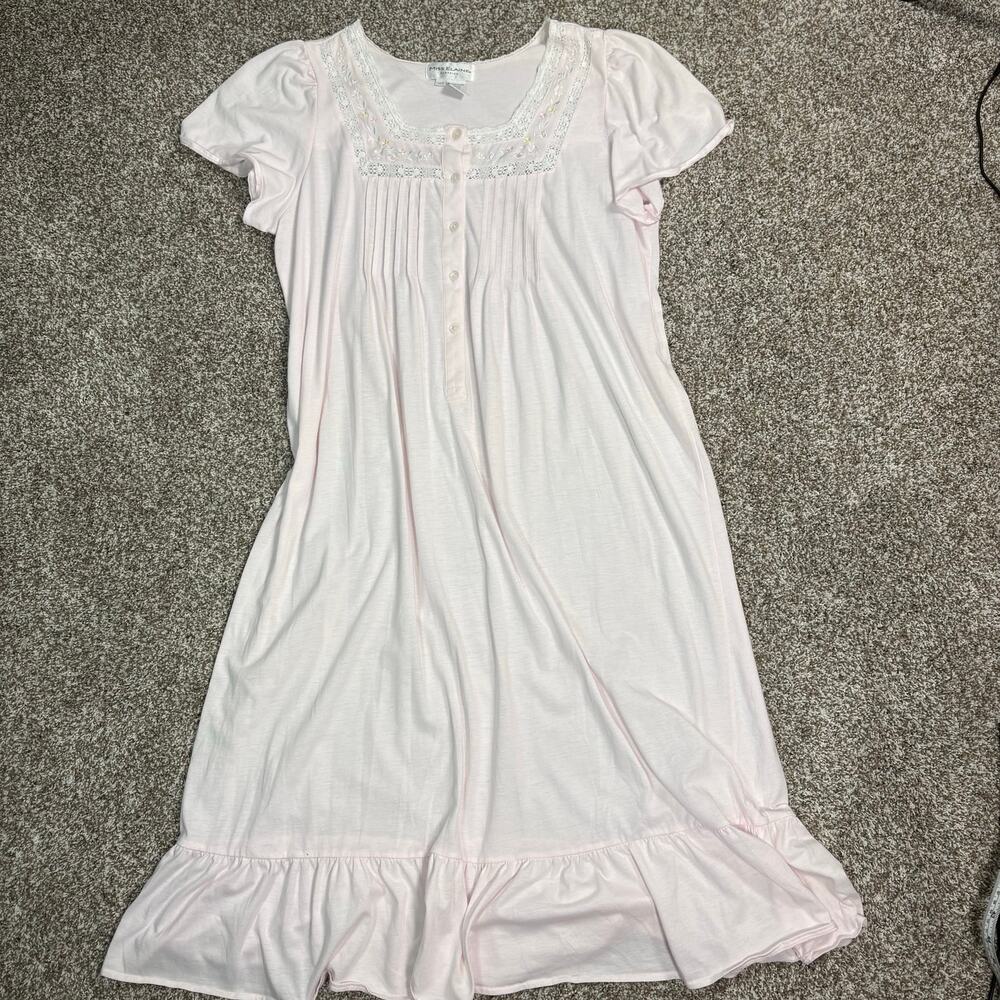 Vintage Miss Elaine Pink Embroidered Nightgown Lace Ruffle Prairie Cottage L